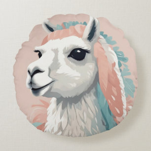 Cute Llama with Colourful Fur on its Head Round Pillow
