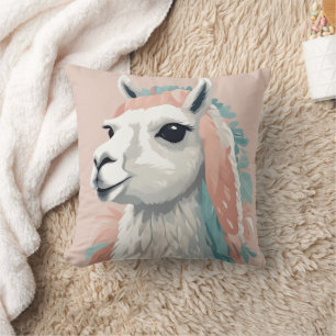 Cute Llama with Colourful Fur on its Head Throw Pillow