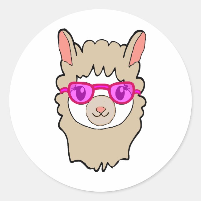 Cute Llama With Glasses Drawing Classic Round Sticker (Front)