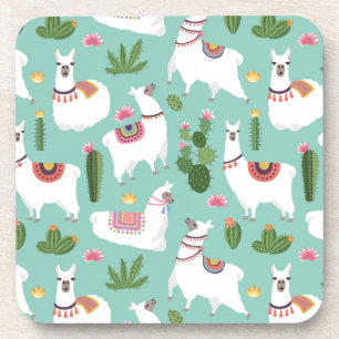 Cute Llamas On Teal Pattern Coaster