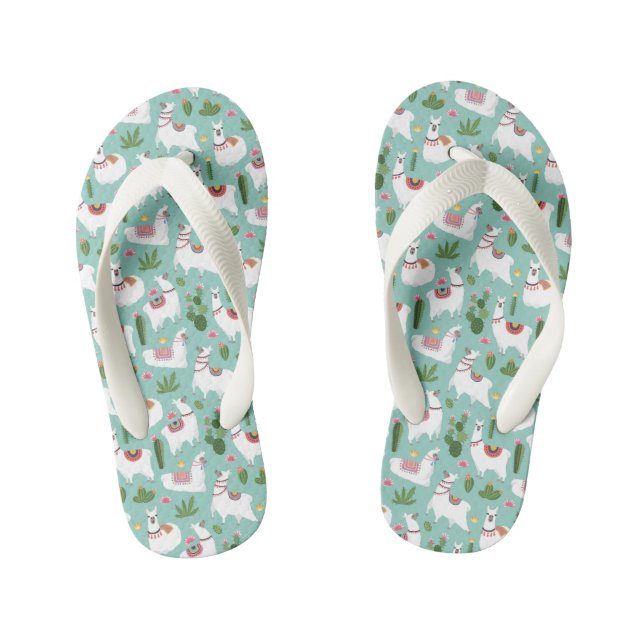 Cute Llamas On Teal Pattern Kid's Flip Flops (Footbed)