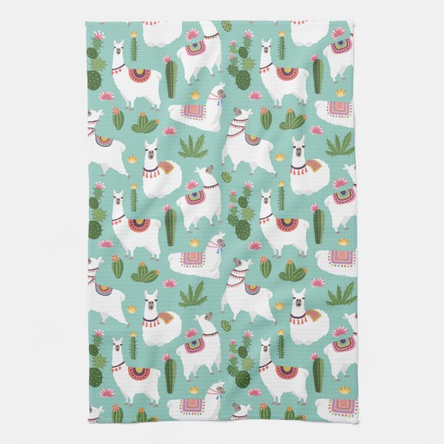 Cute Llamas On Teal Pattern Kitchen Towel (Vertical)
