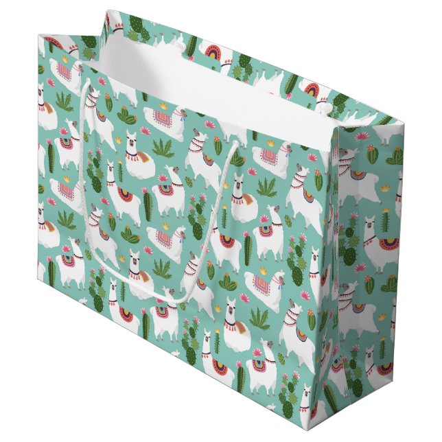 Cute Llamas On Teal Pattern Large Gift Bag (Front Angled)