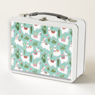 Cute Llamas On Teal Pattern Metal Lunch Box