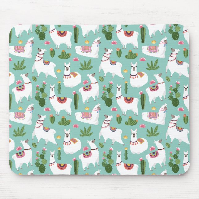 Cute Llamas On Teal Pattern Mouse Pad (Front)