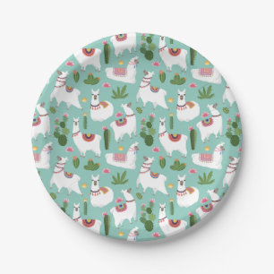 Cute Llamas On Teal Pattern Paper Plate