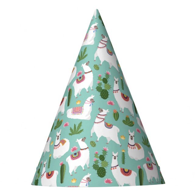 Cute Llamas On Teal Pattern Party Hat (Front)