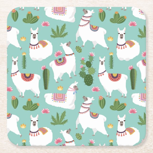 Cute Llamas On Teal Pattern Square Paper Coaster (Front)