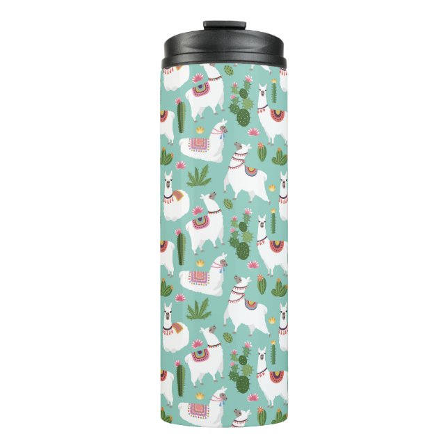 Cute Llamas On Teal Pattern Thermal Tumbler (Front)