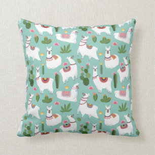 Cute Llamas On Teal Pattern Throw Pillow