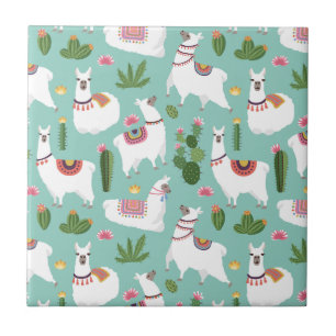 Cute Llamas On Teal Pattern Tile