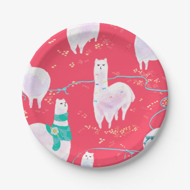 Cute llamas Peru illustration red background Paper Plate (Front)