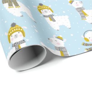 Cute Llamas with hats and scarves on light blue Wrapping Paper