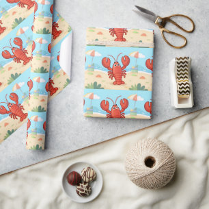 Cute lobster at the beach wrapping paper