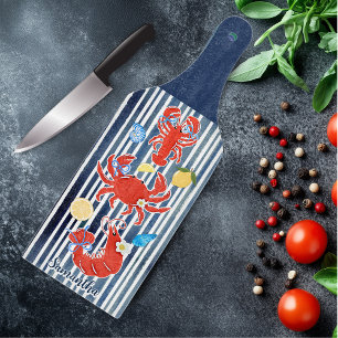 Cute lobster crab lemons crustaceans striped long cutting board
