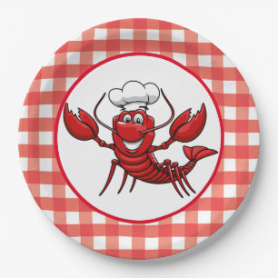Cute Lobster party red check Paper Plate