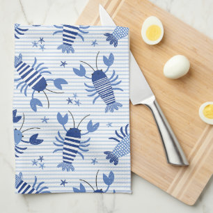 Cute lobsters on light blue and white stripe kitchen towel