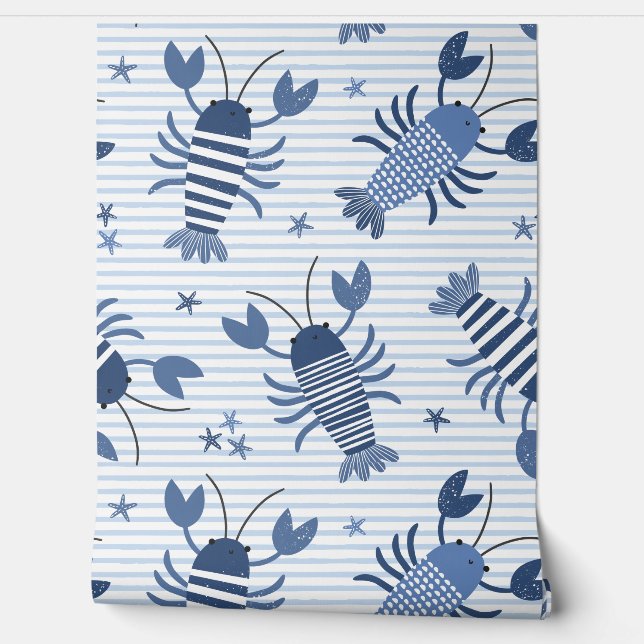 Cute lobsters on light blue and white stripe wallpaper (Unrolling)
