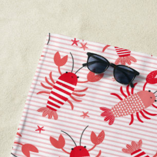 Cute lobsters on light pink white stripe beach towel