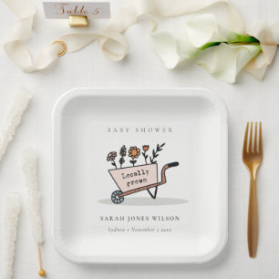 Cute Locally Grown Blush Floral Cart Baby Shower Paper Plate