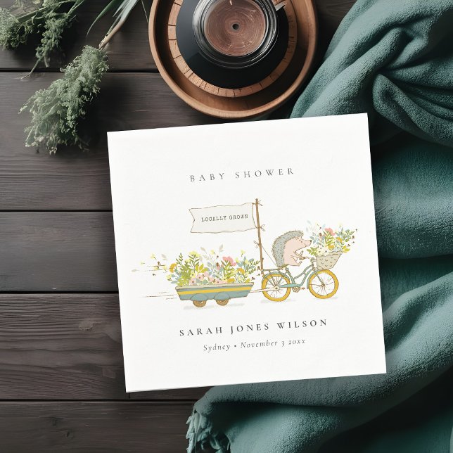 Cute Locally Grown Hedgehog Flora Bike Baby Shower Napkin (Creator Uploaded)