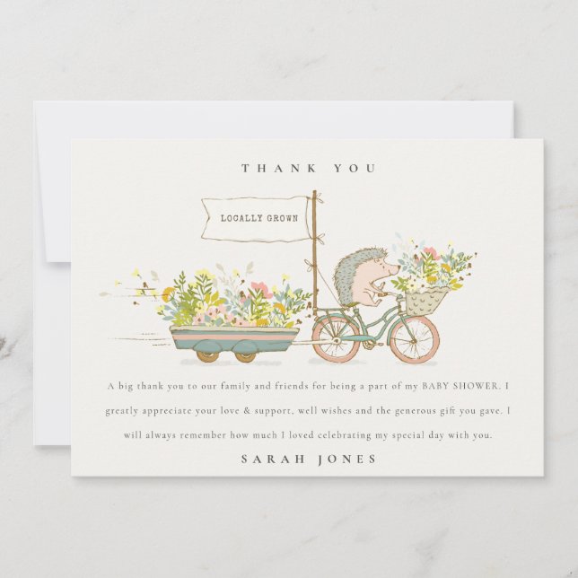 Cute Locally Grown Hedgehog Flora Bike Baby Shower Thank You Card (Front)