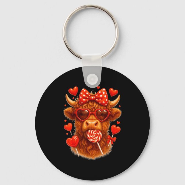 Cute Lollip Highland Cow Valentine's Day Red Heart Keychain (Front)