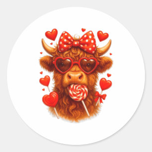 Cute Lollipop Highland Cow Valentines Day Red Hear Classic Round Sticker