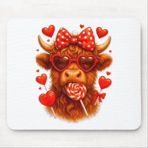 Cute Lollipop Highland Cow Valentines Day Red Hear Mouse Pad