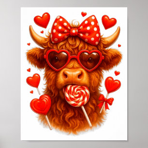 Cute Lollipop Highland Cow Valentines Day Red Hear Poster