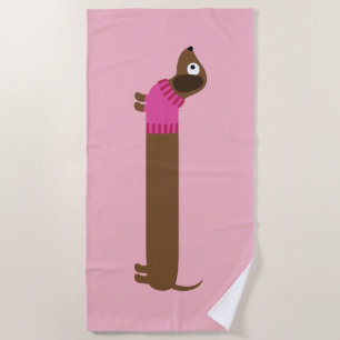 Cute Long Dachshund Illustration Beach Towel