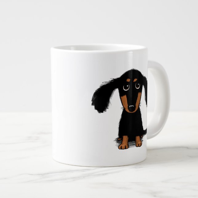 Cute Long Haired Black and Tan Dachshund Puppy Dog Large Coffee Mug (Front Right)