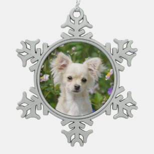 Cute long-haired cream Chihuahua Dog Puppy Photo * Snowflake Pewter Christmas Ornament