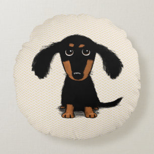 Cute Long Haired Dachshund Puppy Round Pillow