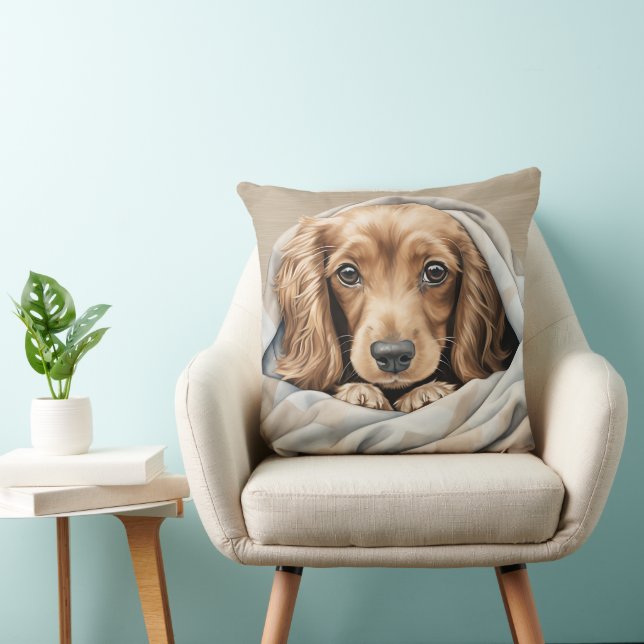 CUTE LONG HAIRED DACHSHUND PUPPY UNDER BLANKET THROW PILLOW (Chair)