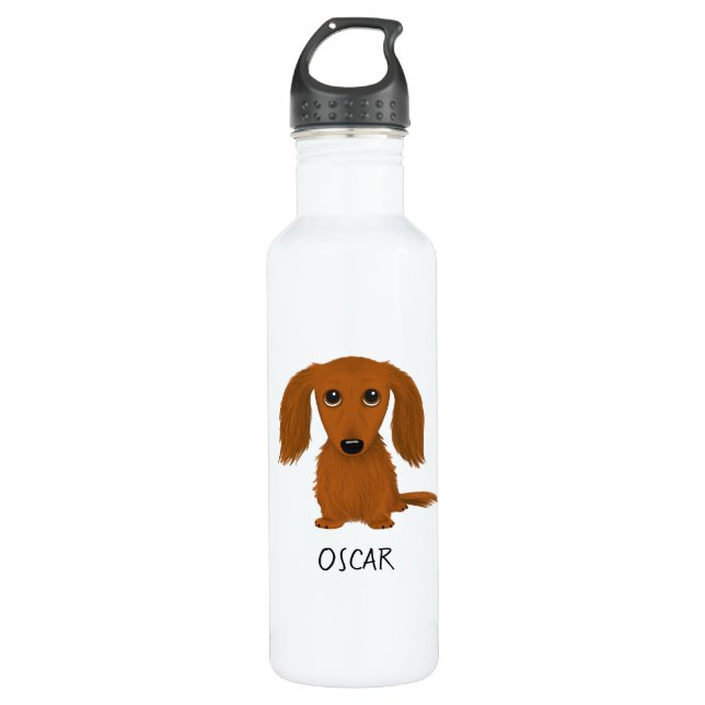 Cute Long Haired Red Dachshund with Custom Text 710 Ml Water Bottle (Front)