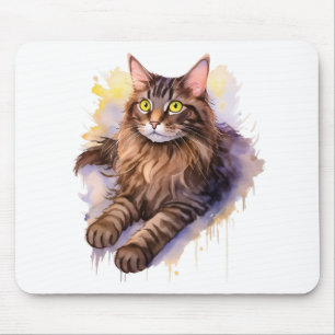 Cute Long Haired Tabby Cat Watercolor Illustration Mouse Pad