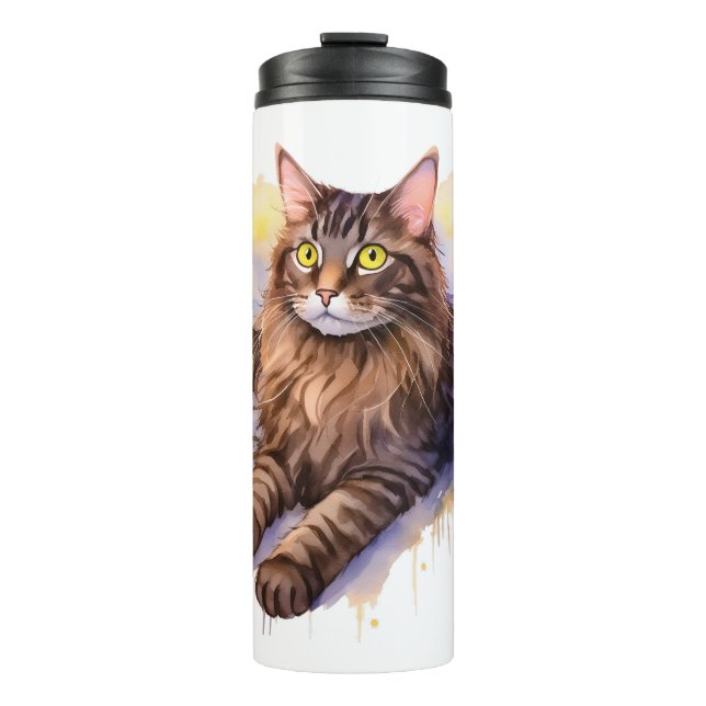Cute Long Haired Tabby Cat Watercolor Illustration Thermal Tumbler (Front)