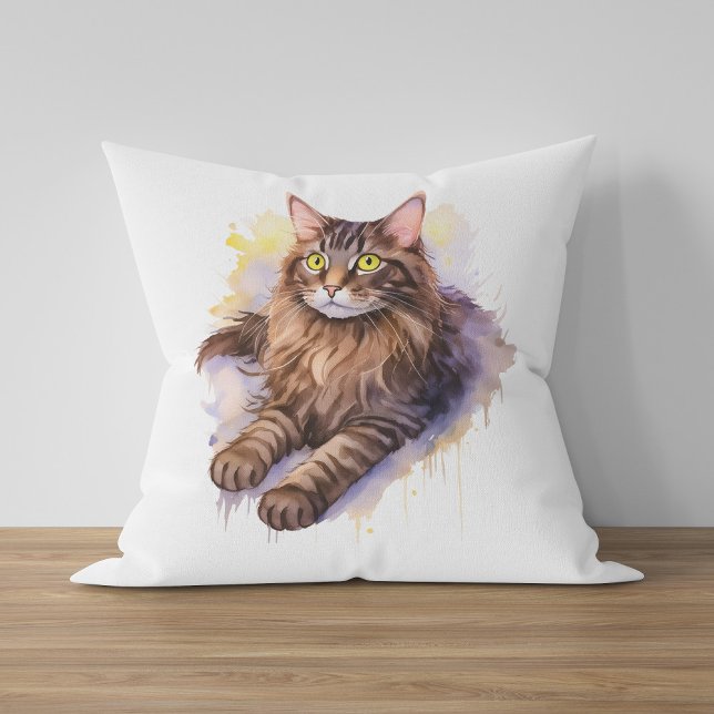 Cute Long Haired Tabby Cat Watercolor Illustration Throw Pillow (Creator Uploaded)
