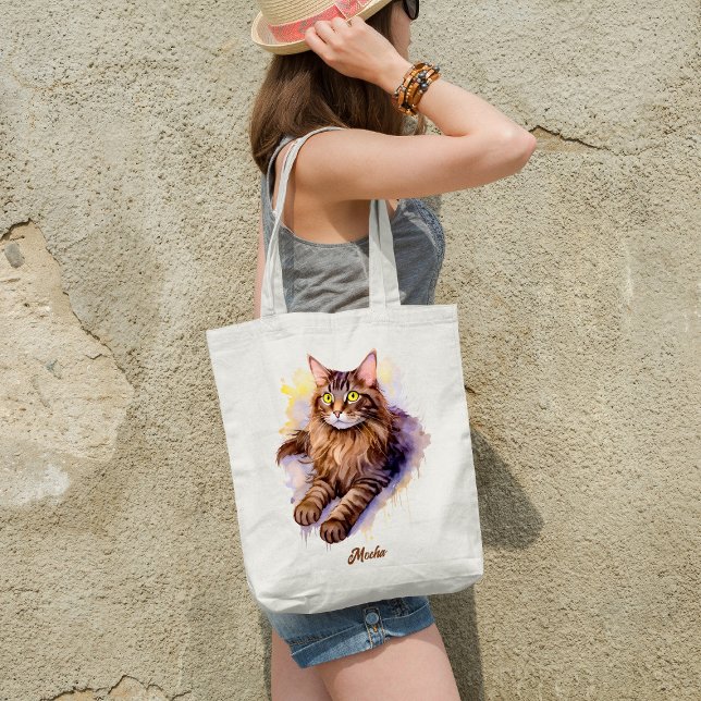 Cute Long Haired Tabby Cat Watercolor Illustration Tote Bag (Creator Uploaded)