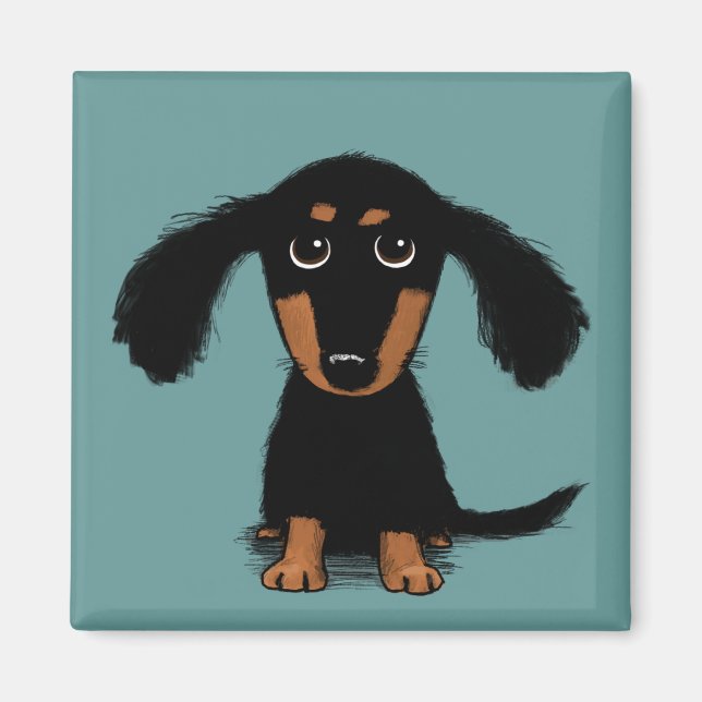 Cute Longhaired Black and Tan Dachshund Puppy Dog Magnet (Front)