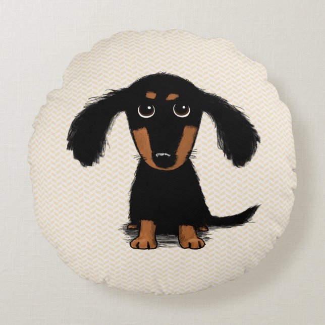 Cute Longhaired Black and Tan Dachshund Puppy Dog Round Pillow (Front)