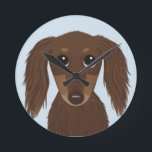 Cute Longhaired Chocolate Brown Dachshund Dog Round Clock<br><div class="desc">A cute wiener dog lover’s wall clock for home or office. Original drawing of a longhaired chocolate coloured Dachshund. Check out Jenn’s Doodle World for even more dog breed decorative clocks and Doxie themed home decor.</div>