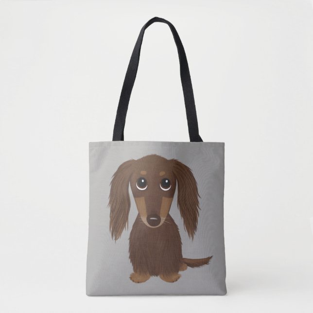 Cute Longhaired Chocolate Brown Dachshund Dog Tote Bag (Front)