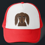 Cute Longhaired Chocolate Brown Dachshund Dog Trucker Hat<br><div class="desc">The perfect Doxie lover's hat. Cute cartoon style drawing of a longhaired chocolate coloured Dachshund. Makes a great gift for wiener dog enthusiasts. Unisex size fits most teens and adults.</div>