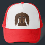Cute Longhaired Chocolate Brown Dachshund Dog Trucker Hat<br><div class="desc">The perfect Doxie lover's hat. Cute cartoon style drawing of a longhaired chocolate coloured Dachshund. Makes a great gift for wiener dog enthusiasts. Unisex size fits most teens and adults.</div>