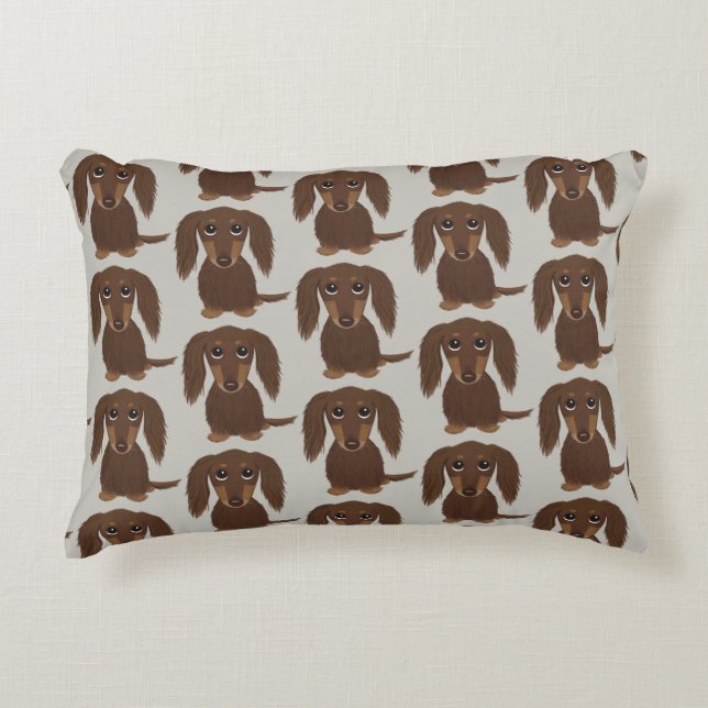 Cute Longhaired Chocolate Brown Dachshund Pattern Accent Pillow (Front)