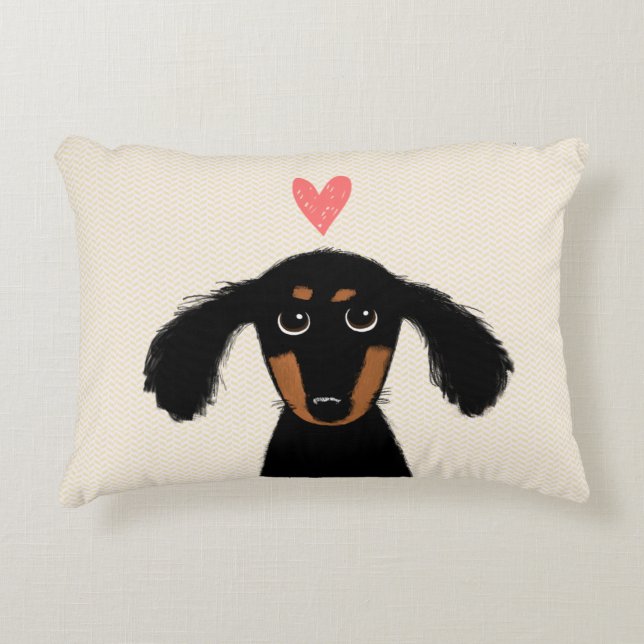 Cute Longhaired Dachshund Puppy Dog with Heart Decorative Pillow (Front)