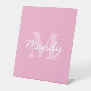 Cute Looking Cursive Name & Monogram Pink Pedestal Sign