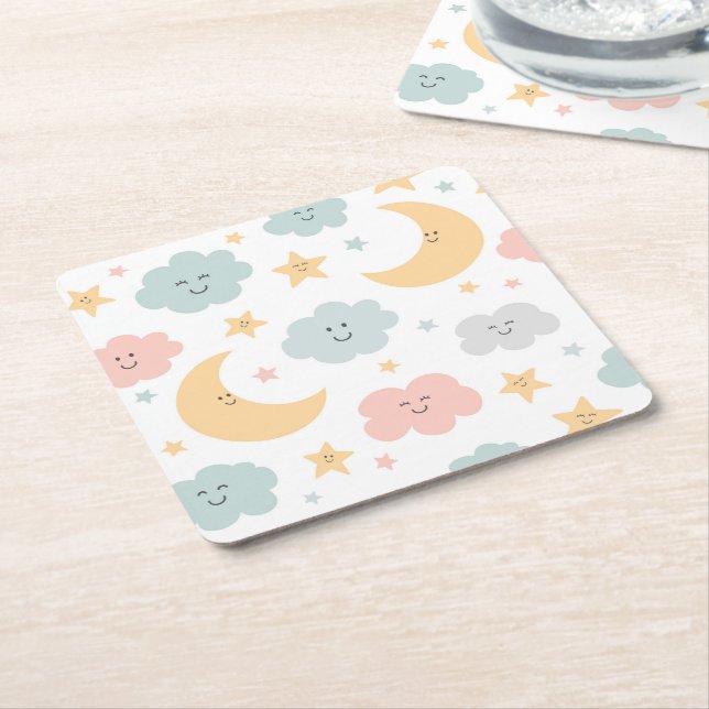 Cute Looking  in the Sky Pattern Square Paper Coaster (Angled)